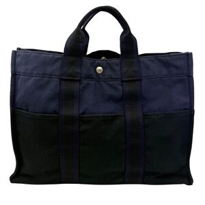 Authentic Hermes Fourre Tout  MM Handbag, Navy Blue  color canvas